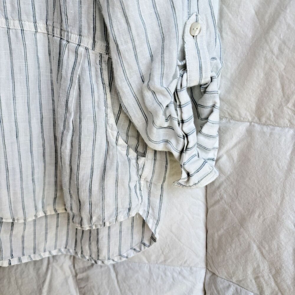 C&C California Womens Medium 100% Linen Striped Hoodie Pullover Shirt White Blue - Picture 8 of 15